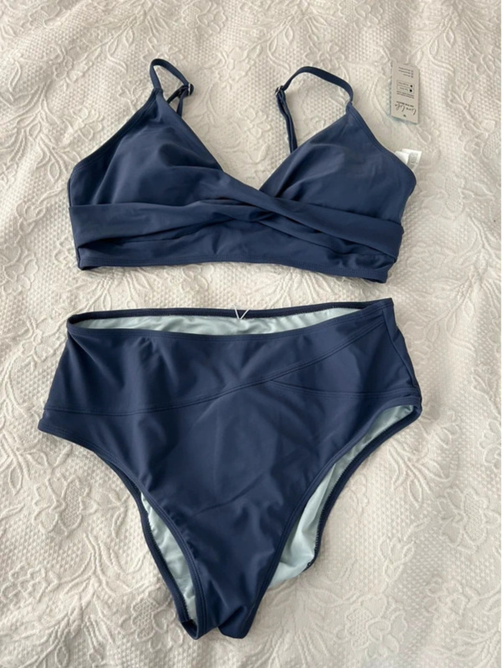 Two piece pin up style bathing suit.